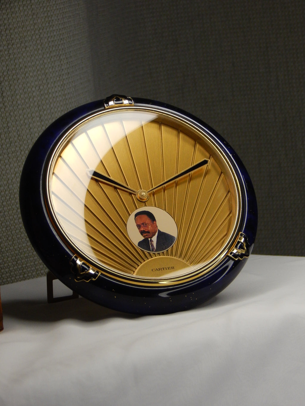 Cartier Lapis Lazuli table clock with a portrait of Omar Bongo