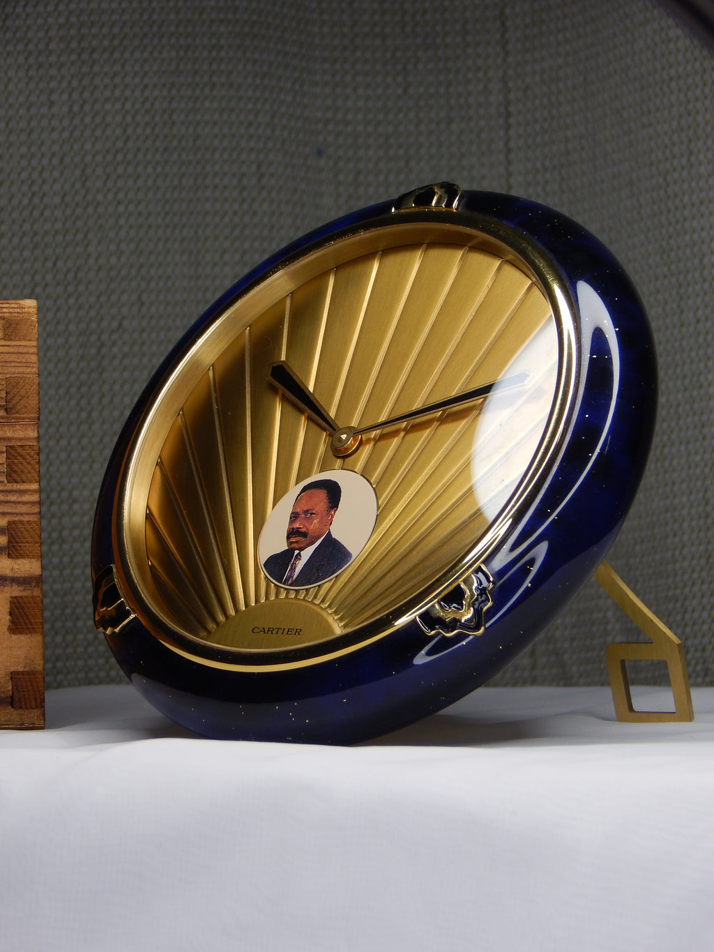 Cartier Lapis Lazuli table clock with a portrait of Omar Bongo