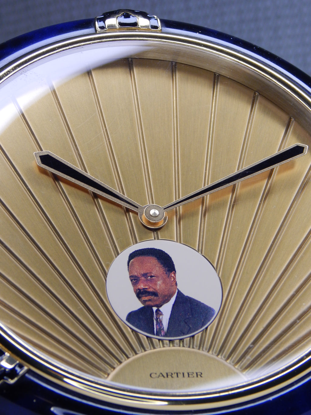 Cartier Lapis Lazuli table clock with a portrait of Omar Bongo