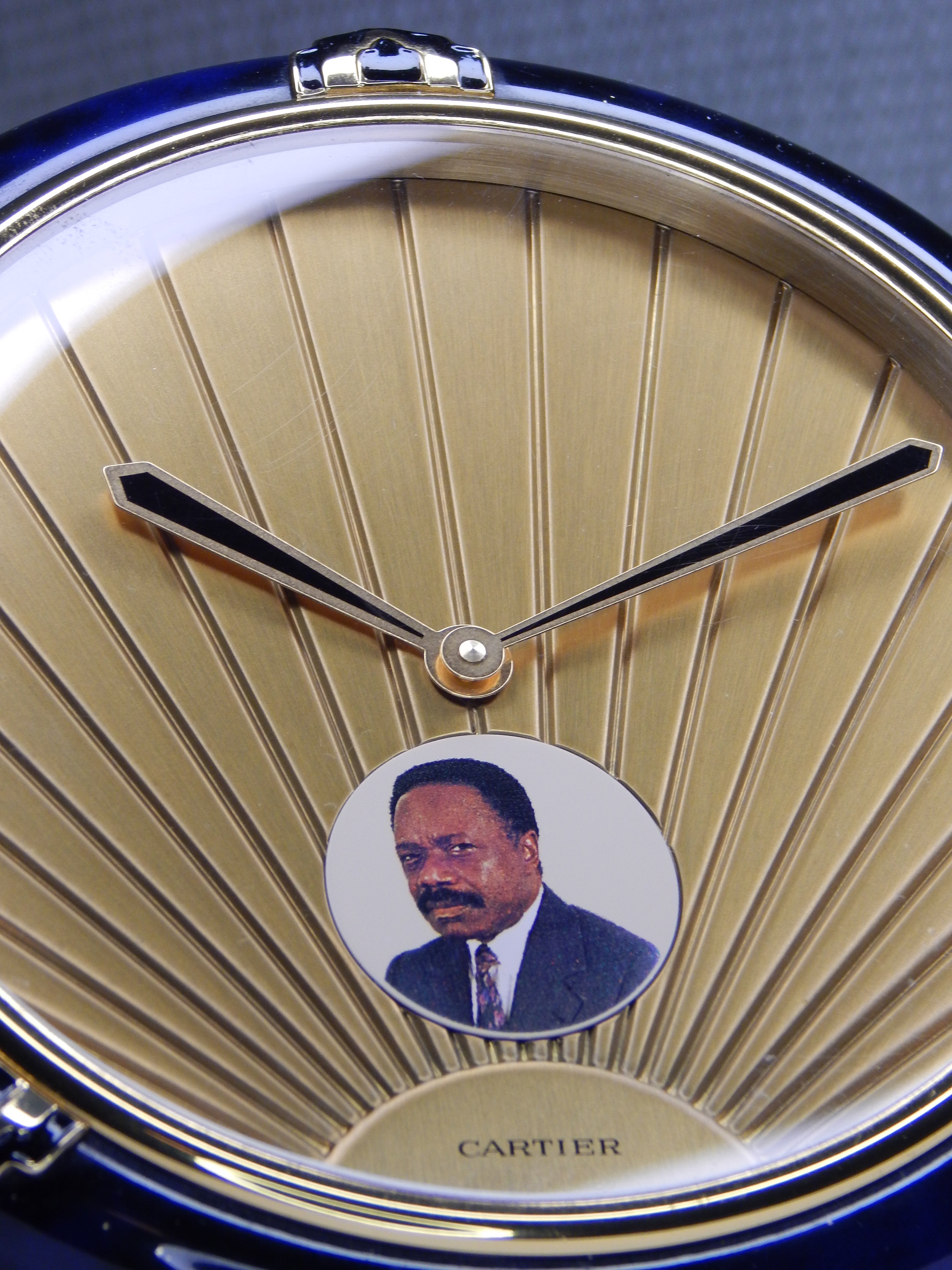 Cartier Lapis Lazuli table clock with a portrait of Omar Bongo