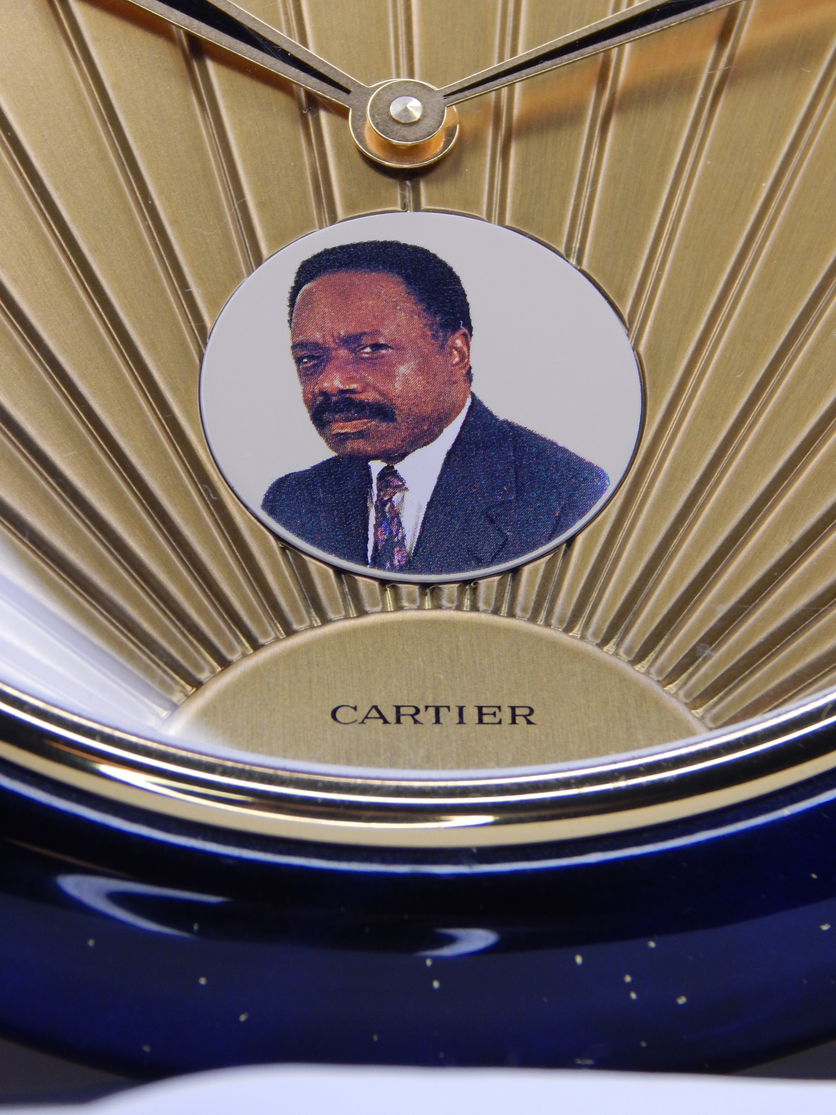 Cartier Lapis Lazuli table clock with a portrait of Omar Bongo